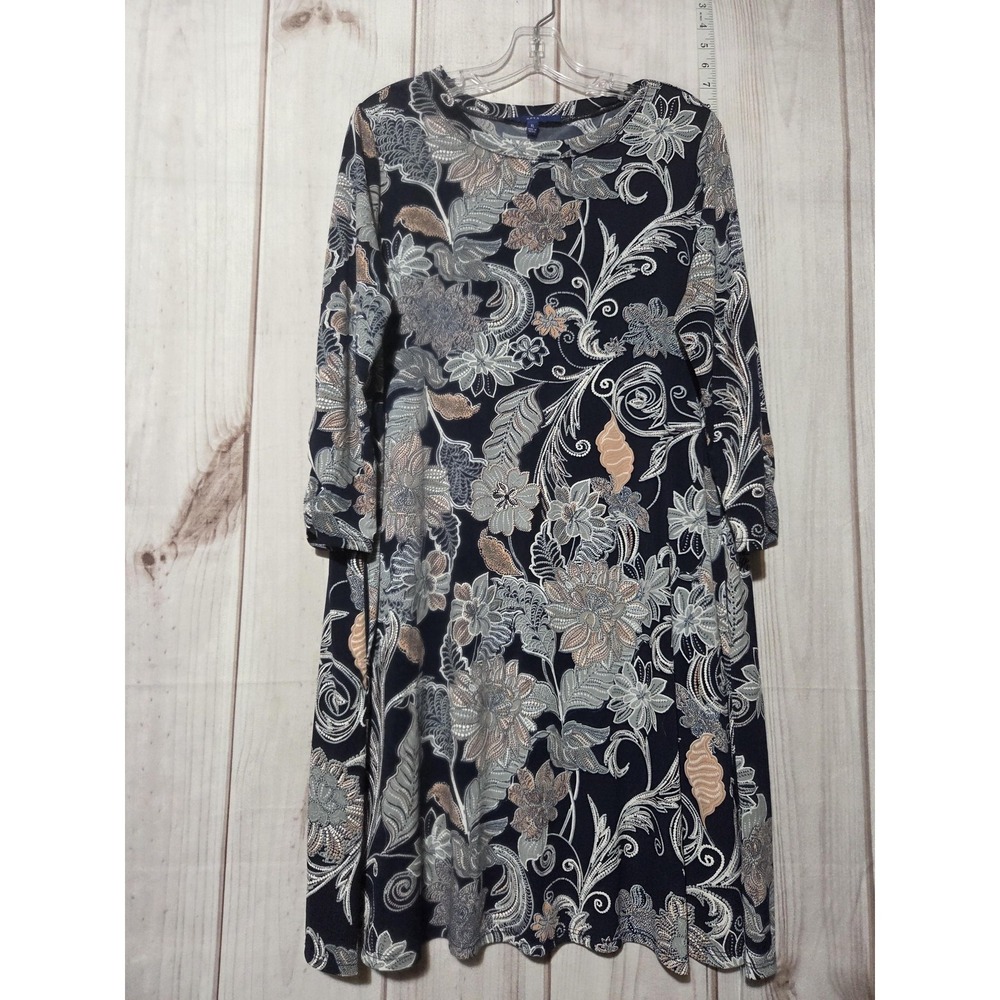 Apt 9 Dress Womens XL Blue Floral Fit & Flare Knee Length 3/4‎ Sleeve Pockets